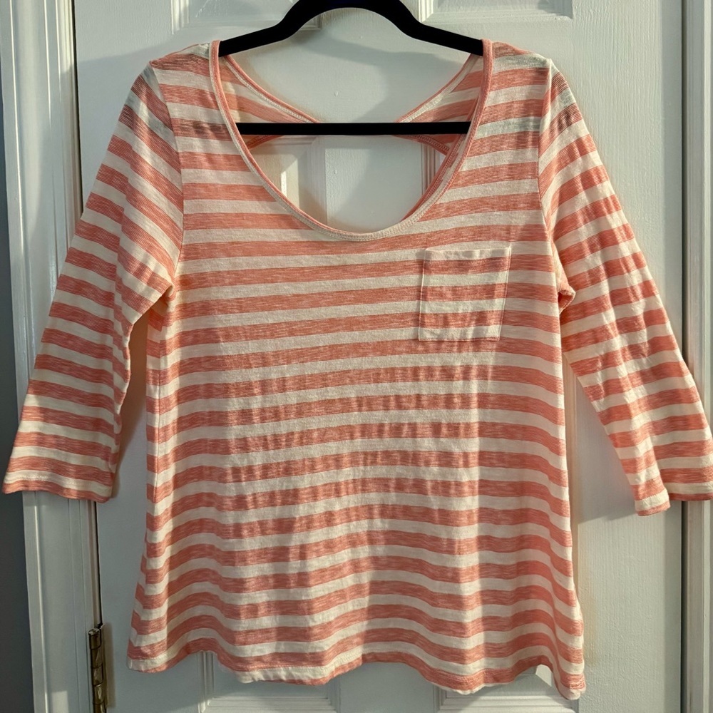 PURE + GOOD Striped 3/4 Sleeve Open Back Scoop Neck Top Peachy Pink & White - M